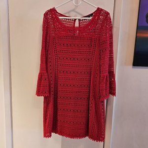 Designer NANETTE LEPORE Red Lace Dress - Bell Sleeves - Fully Lined - Size 10